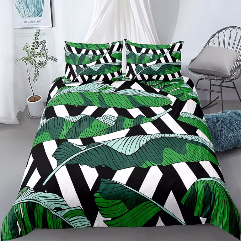 Dekbedovertrekset met bananenbladmotief, luxe microvezel en 2 kussenslopen, omkeerbaar ontwerp, B: 259,8 cm x H: 220,2 cm