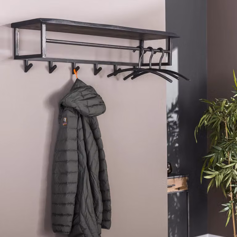 WoonStijl Kapstok Yucon met 6 haken, Acacia hout en metaal, zwart, industrieel design