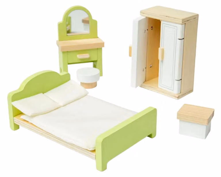 Bigjigs Toys Houten Slaapkamerset voor Poppenhuis met Bed, Kledingkast en Kaptafel