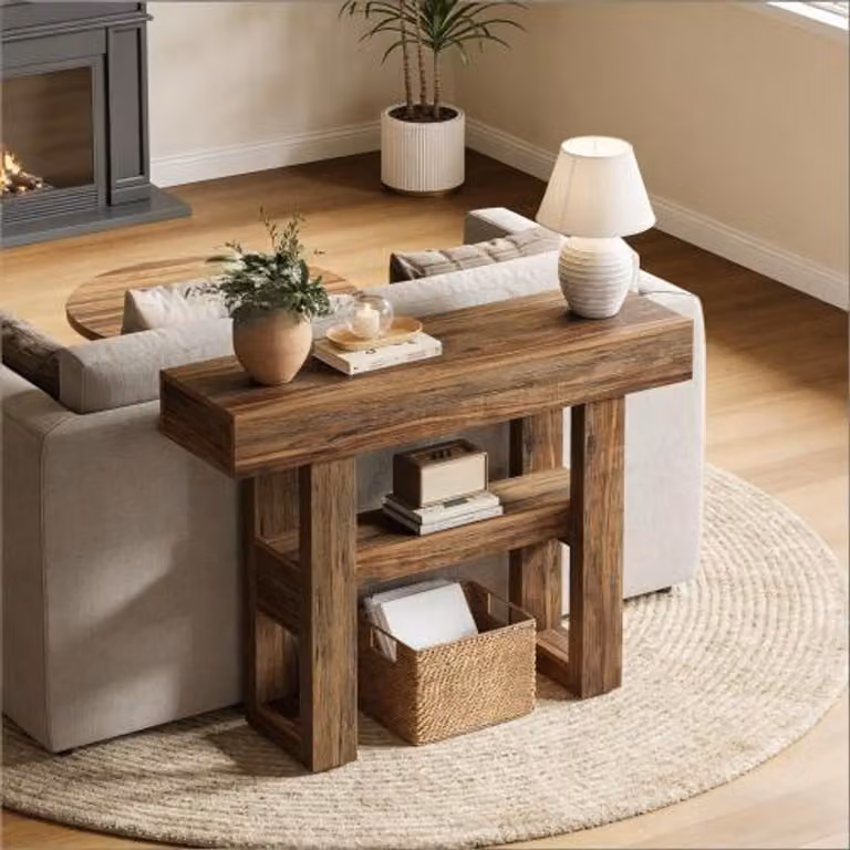 OKWISH Consoletafel met 2 niveaus opbergruimte voor hal en woonkamer in landelijke stijl, Bruin MDF