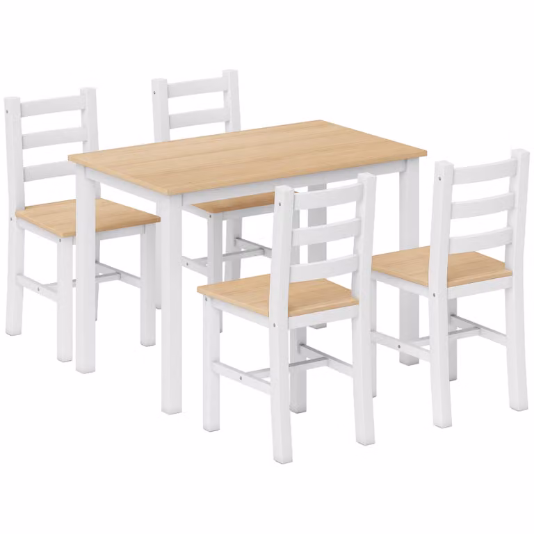 HOMCOM 5-delige eettafelset voor 4 personen, landelijke eettafel en stoelen van massief hout, Naturel/Wit