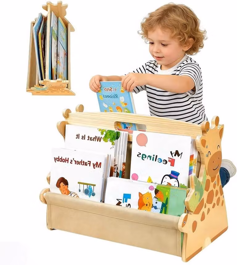 Houten Kinder Boekenkast met 4 Vakken en Dubbelzijdig Ontwerp in Natuurlijk Hout