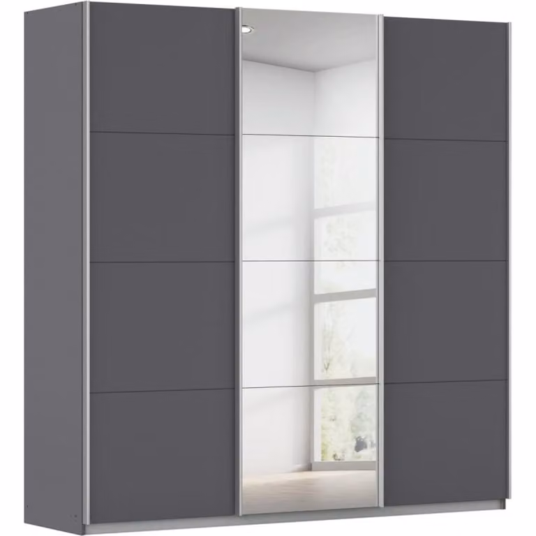 Kledingkast Kick Budget Home Store Grijs metallic met glazen deuren en aluminiumkleur greeplijst