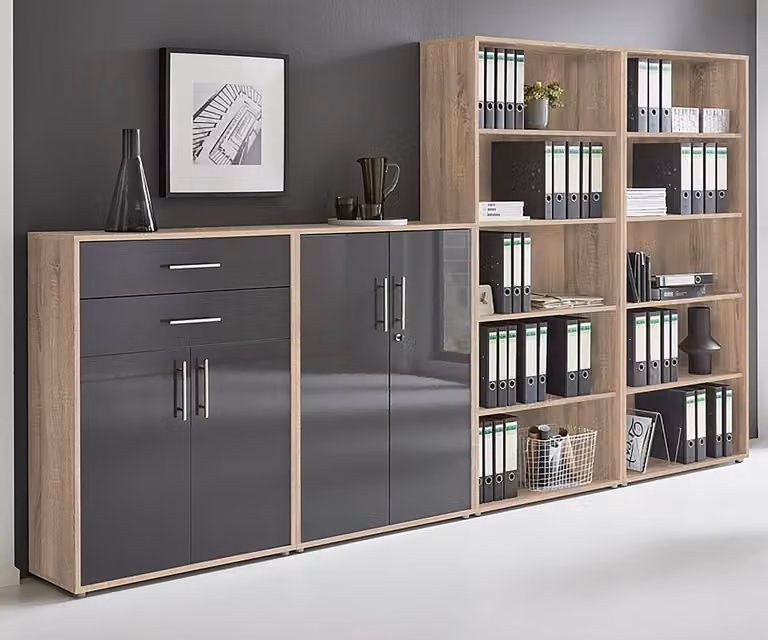 home24 Kastenset 4-delig, Bruin/Sonoma eikenhout en Antraciet Hoogglans, B/D/H: 85 x 33 x 186 cm