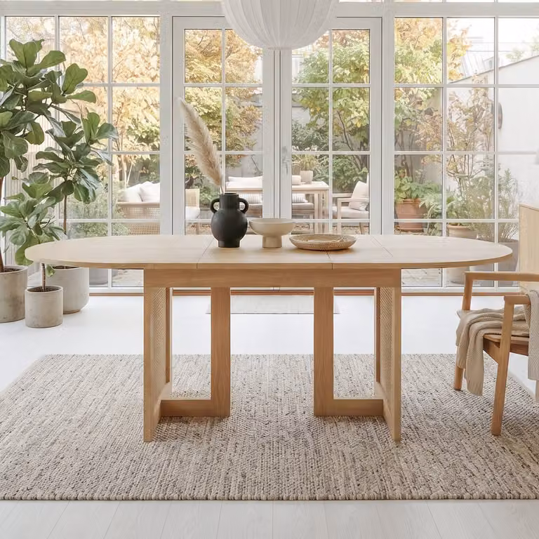 DESMIU Uitschuifbare Eettafel met Rattan Details en Afgeronde Hoeken, Eiken, 150 tot 200 x 90 cm