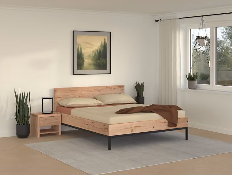 home24 Vilenka Houten bed met hoofdbord en lijst, geolied massief beukenhout en gelakt metalen frame, bruin, B/D/H: 160 x 200 cm