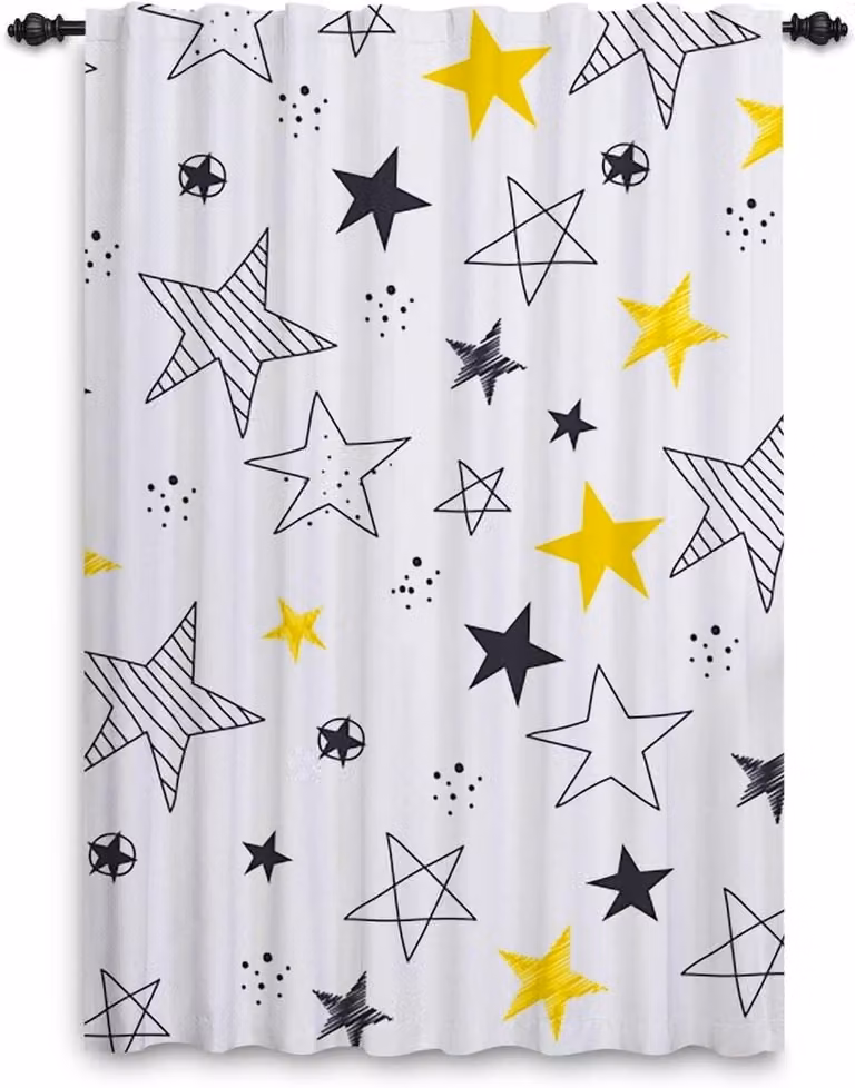 Gele en witte sterrengordijnen met cartoon heelal en galaxy print voor de kinderkamer, B/D/H: 132 x 214 cm