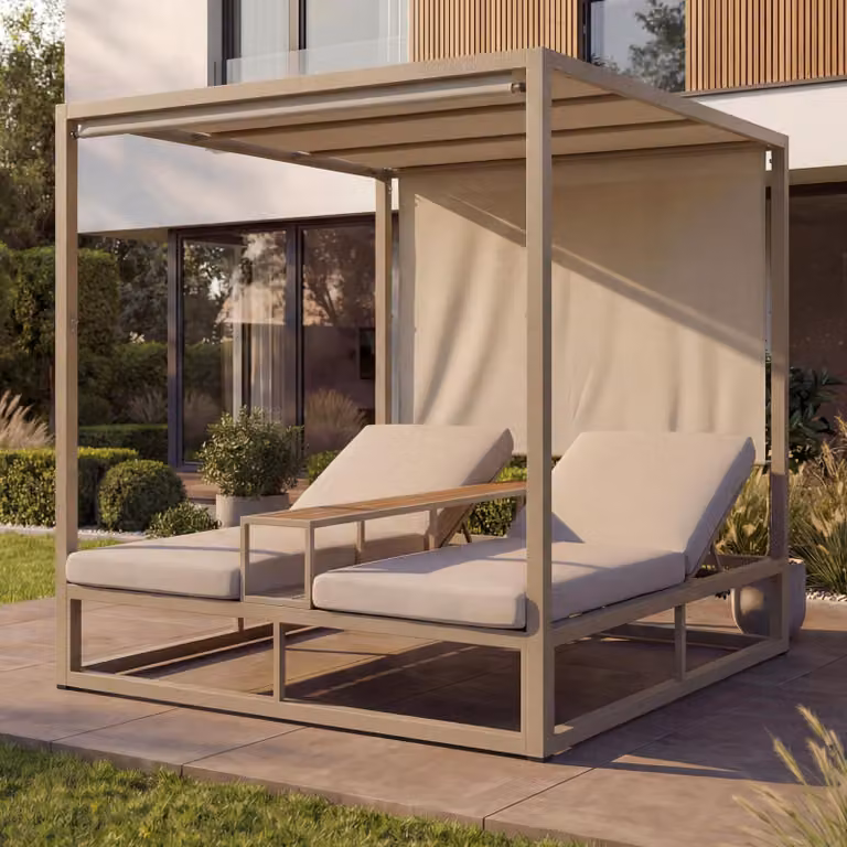Mendler Alu lounge-tuinstoel HWC-P81 ligbed met beige kussens B/D/H: 196 x 165 x 196 cm