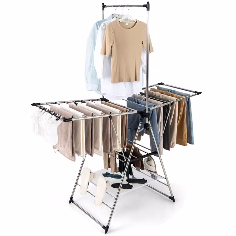 Costway Aluminium Waslijn in Vlinderstijl met 6 Instelbare Hoogteniveaus en Hanger Zijclips, Opvouwbaar voor Kleding en Schoenen