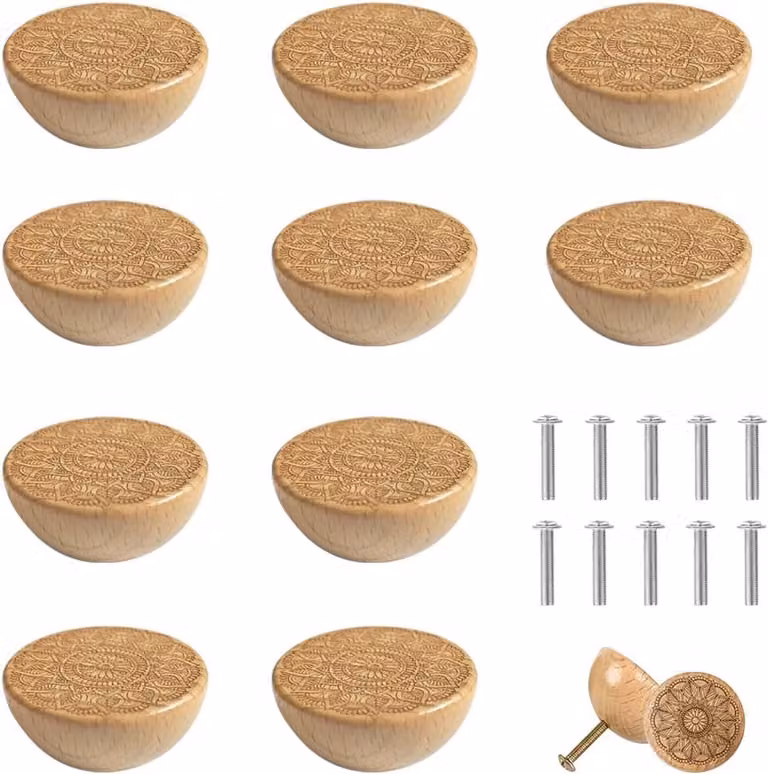 Set van 10 ronde massief houten ladeknoppen met schroeven voor meubels en deuren