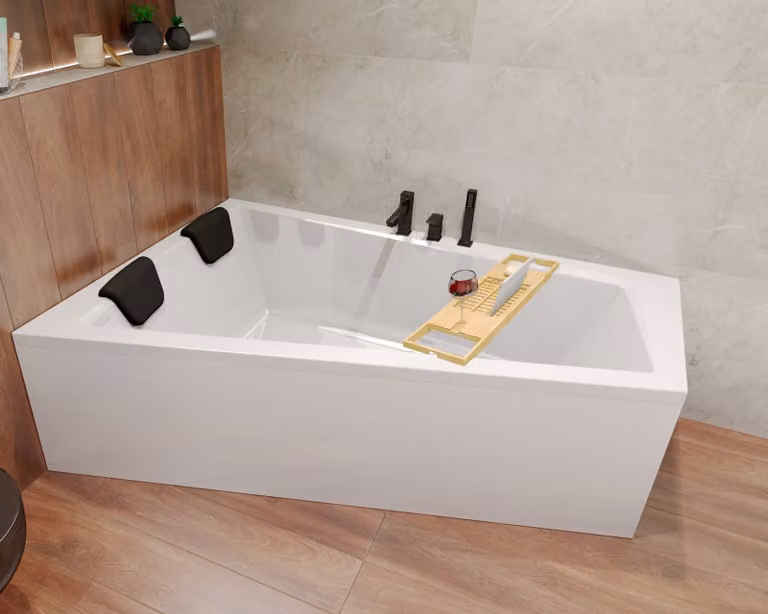 BADLAND Eckbad Intimas Links - Rechthoekig hoekbad met afvoerkit, poten, badkussen en bamboe badplank - B/D/H: 180 x 125 cm