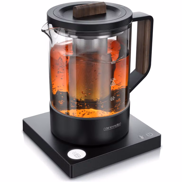 Arendo Waterkoker met temperatuurregeling, Glazen theekoker, 1 liter, 800 watt, Roestvrijstalen theezeef, 40–100 °C, 360° basisstation, BPA-vrij, NAMI