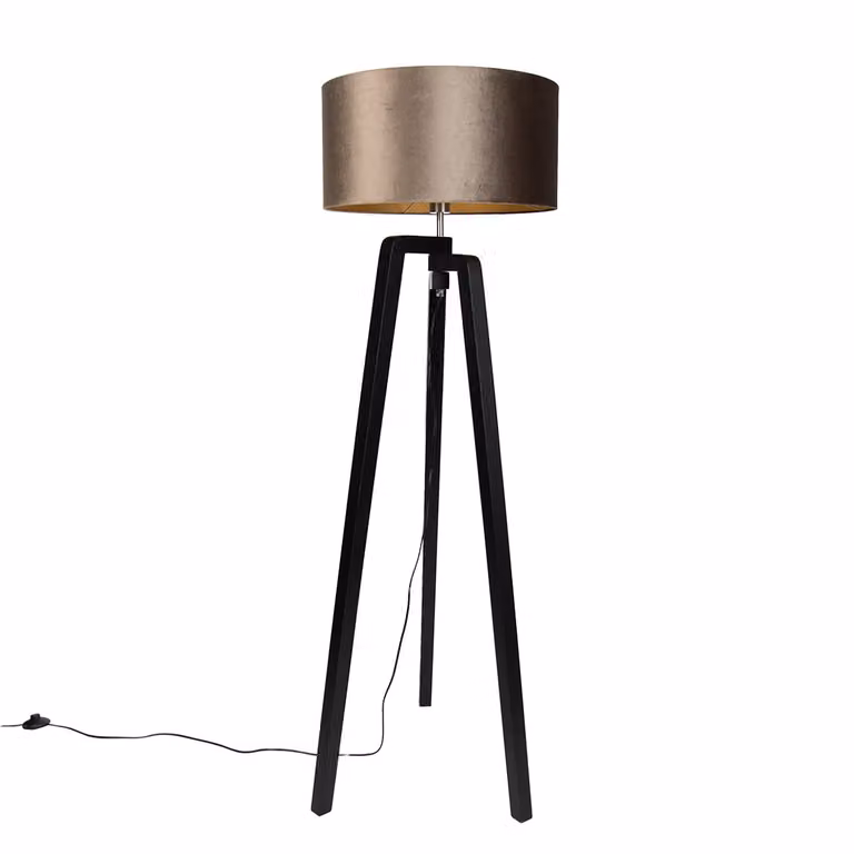 Qazqa Vloerlamp Tripod Zwart met Bruine Stoffen Kap en Gouden Binnenkant, Hoogte: 50 cm