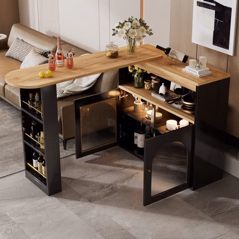 Wishdor 360° Draaibare Bartafel met Smart LED en Geribbeld Glas - Kookeiland of Thuisbar - Eiken/Zwart - H x B x D: 193 x 105 x 39 cm