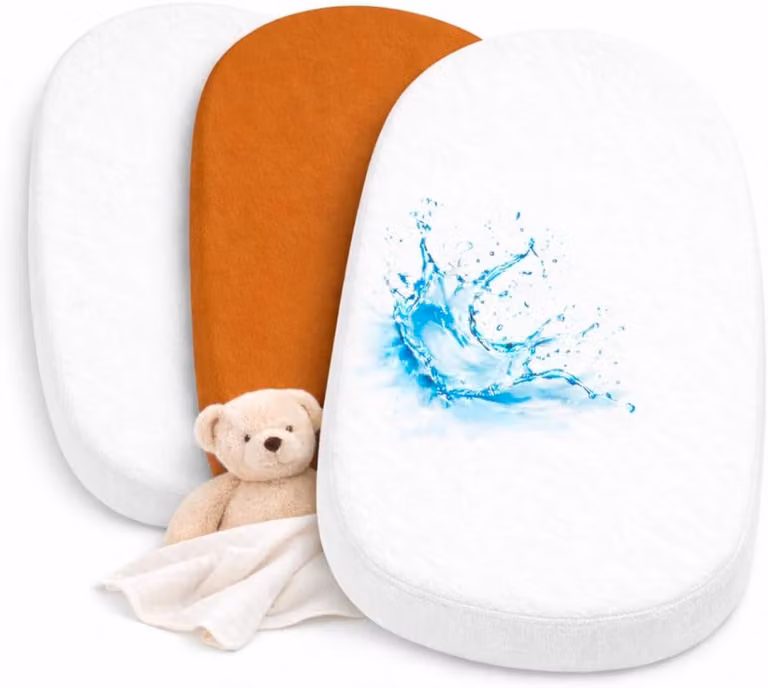 SnelShoppen Set van 3: 2x Hoeslatten van 100% Katoen en 1x Waterproof Matrasbeschermer voor Babybedden, Wit/Cocoa, 43 x 83 cm