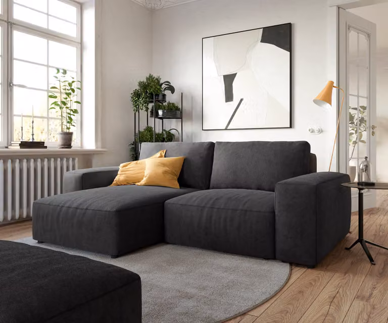 DELIFE Hoeksofa Lanzo zwart microvezel met variabele recamière en hocker B/D/H: 233 x 155 x 103 cm