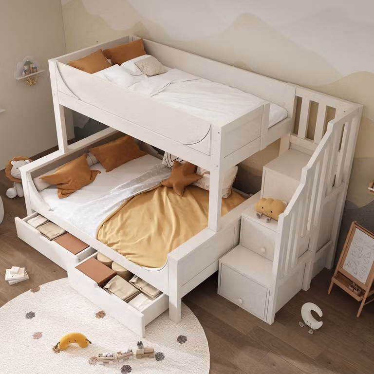 MODFU Stapelbed voor kinderen met ladderkast en opberglades, Landelijk wit hout, B/D/H: 90 x 200 cm