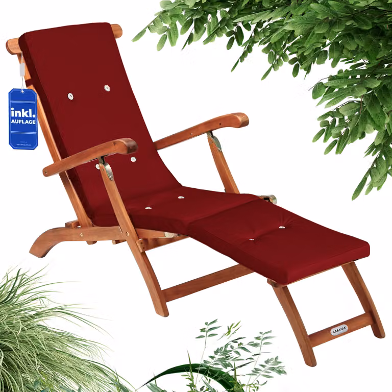 Casaria Opklapbare houten ligbed met kussen, rood, acaciahout, B/D: 169 x 54 cm