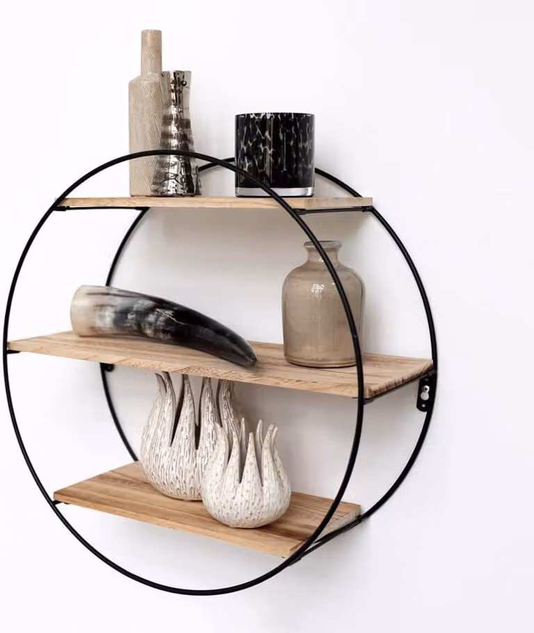 Metalen Wandrek Zwart met Houten Decoratie en Ronde Vorm - B: 50 cm, D: 19 cm