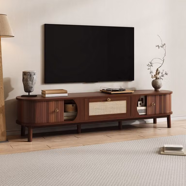 REDOM TV-kast van massief hout en rattan met lades en deuren, Natural, B: 170 cm, D: 38 cm, H: 39,5 cm