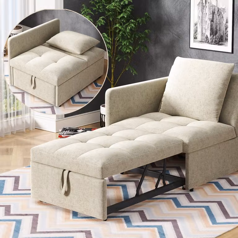 Beige 1-persoons loungebank met 5-voudig verstelbare rugleuning en inclusief kussen - 177 x 65 cm