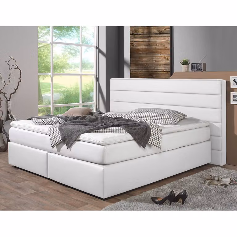 home24 Boxspring Ingebo Wit/Wit Kunstleer B/D/H: 140 x 200 cm met H2 pocketveringmatras