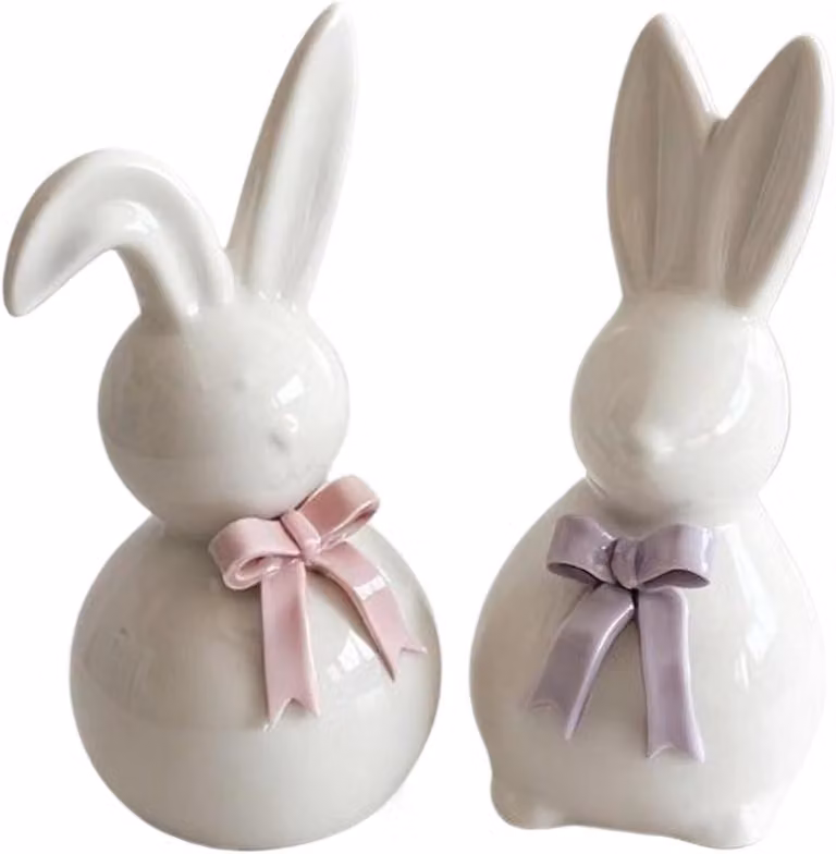 Paas konijn beeld - Keramisch figuur voor woonkamer decoratie - Paars en roze - Hoogte: 10 cm