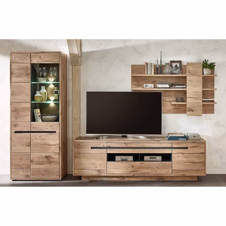 home24 Staande vitrinekast met glazen deuren, bruin, H 202 x B 80 x D 38 cm