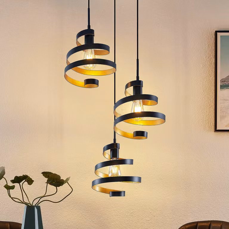 Lindby Design Hanglamp Ring, zwart en goud/messing, dimbaar, metaal