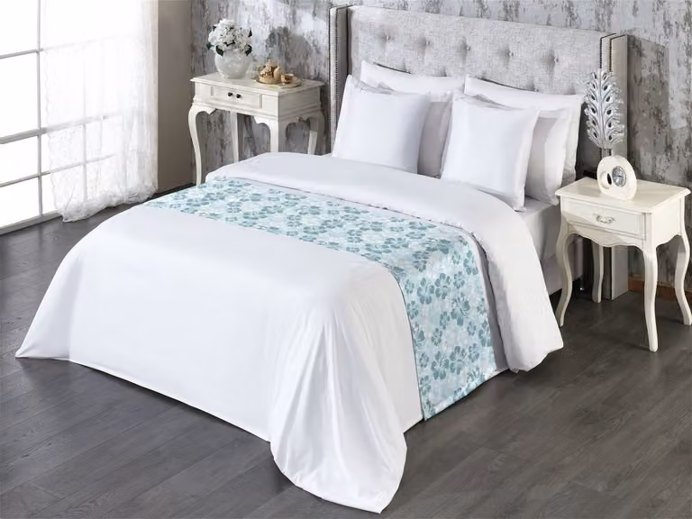 New Bed Bedloper Hawaiiaans Regenwoud en Palmbomen Decoratieve Accent Bedsjaal - Lichtblauw Blauwgroen Wit - Breedte: 50 cm, Lengte: 265 cm
