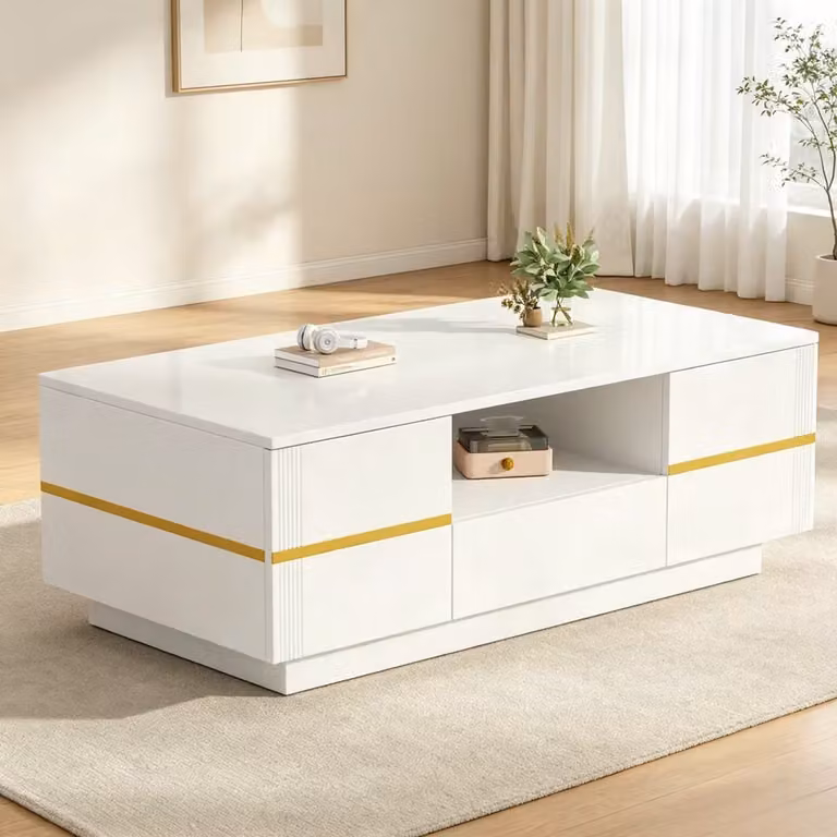 Moderne Salontafel met LED-verlichting, 2 deuren, 1 lade en open opbergvak - Wit met gouden accenten - B/D/H: 100 x 50 x 35,5 cm
