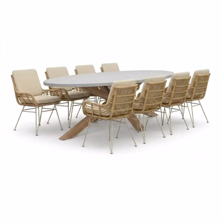 Livorno/Carlos beige eettafelset voor 8 personen van polystone en wicker, Breedte: 280 cm