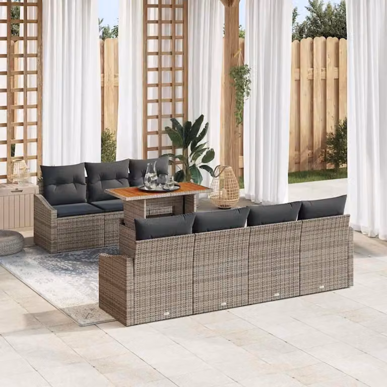 Grijs rotan tuinbank met opbergruimte en 8 delige lounge set voor tuin of terras
