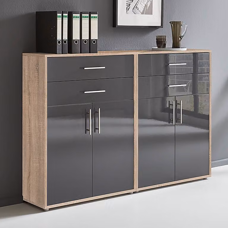 home24 Kastenset 2-delig B, Bruin/Sonoma eikenhout en Antraciet Hoogglans, B/D/H: 85 x 114 x 33 cm