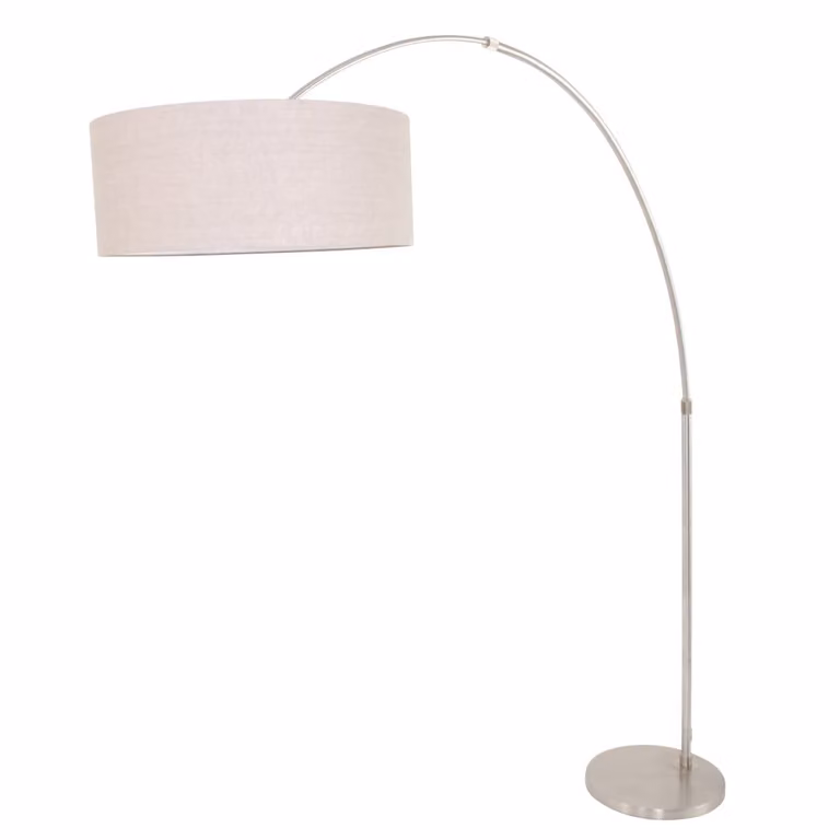Steinhauer Booglamp Gramineus XXVIII met beige linnen kap en zilverkleurig metalen onderstel, H 230 x B 190 x D 50 cm