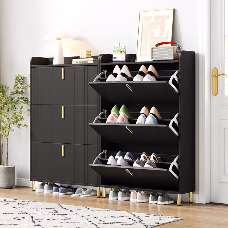 Wishdor Schoenenkast set van 2, modern staand model met 3 kleppen en verstelbare vakken, houtlook zwart met goudkleurige details, B: 80 cm, D: 23,5 cm, H: 123,5 cm