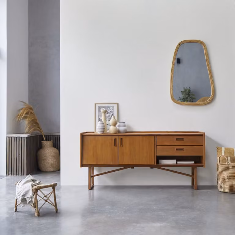 Tikamoon Scandinavisch Teakhouten Tv-meubel - Bruin - B: 160 cm, D: 45 cm, H: 74 cm