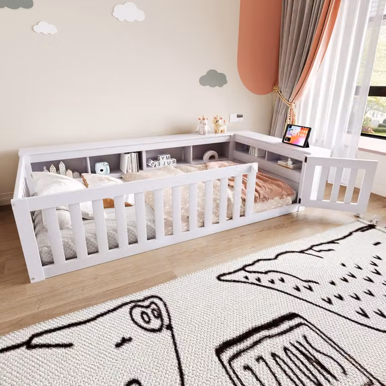 Sweiko Kinderbed met opbergruimte en veiligheidshek, Wit, 90 x 200 cm