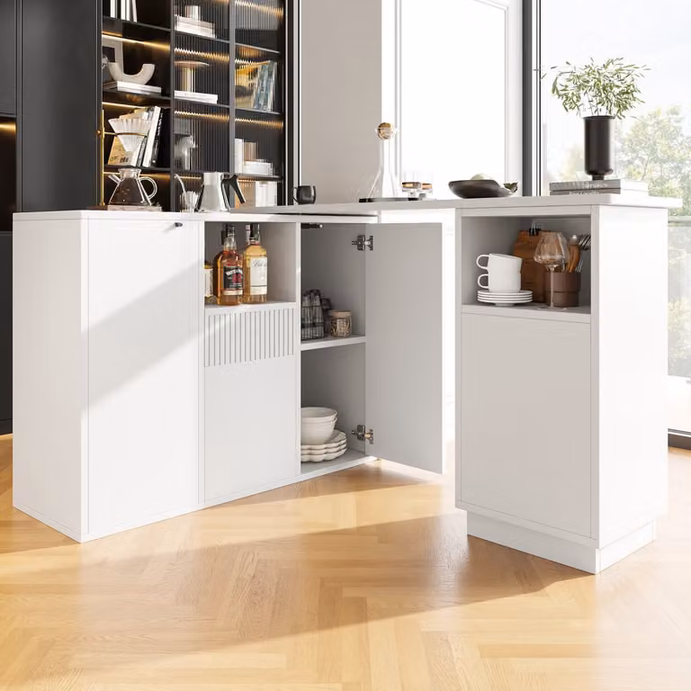 Re-purelife Moderne Bartafel met 360 graden Draaibare Verbindingsplaat en Marmer Look Werkblad, Wit, B/D/H: 210 x 30 x 100.9 cm