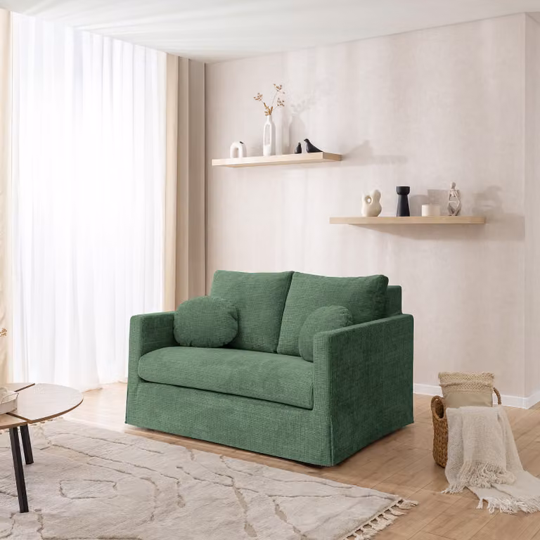 home24 Cristy 2-zitsbank in groen chenille, landelijke stijl, B: 140 cm, D: 89 cm, H: 95 cm