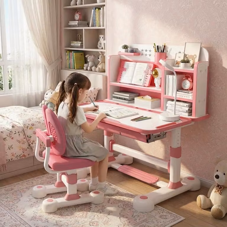 In hoogte verstelbaar kinderbureau met stoel en kantelbaar blad, roze, Breedte: 80 cm