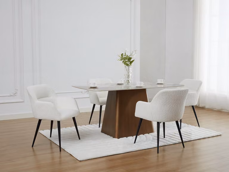 HEKA Set van 6 eetkamerstoelen met armleuningen in witte boucléstof en zwart metaal