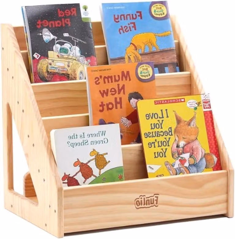 Montessori Kinder Boekenrek in Houtkleur met Handvat en Kantelbeveiliging, Hoogte: 43 cm
