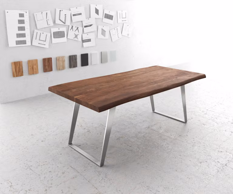 DELIFE Eettafel Edge Live-Edge Acacia Bruin met Zilverkleurig Onderstel B: 200 cm, D: 100 cm, H: 76,5 cm