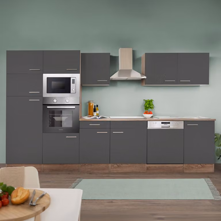 home24 Keukenblok Oliver combi, grijs en donker eikenhouten look, Breedte: 340 cm