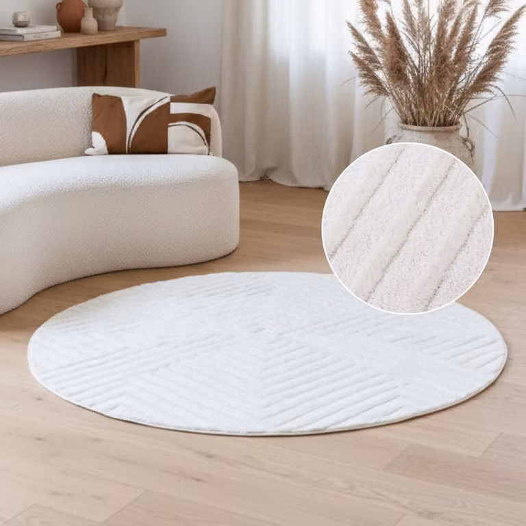 TAPISO Hygge Rond Vloerkleed Crème-Wit Modern Laagpolig 3D Geometrisch B/D: 160 x 160 cm