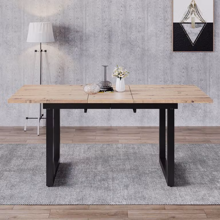 MODFU Uitschuifbare eettafel industrieel, eikenlook en zwart metaal, B/D/H: 140-180 x 80 x 75 cm