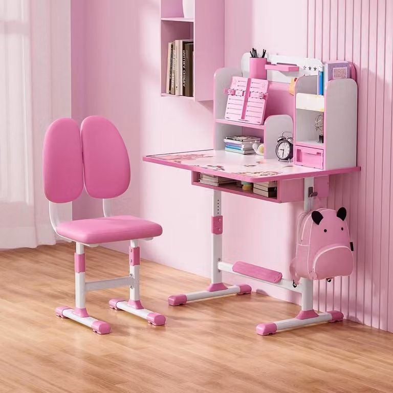Roze Kinderbureau en Stoel Set - Hoogteverstelbare Ergonomische Studeerset voor Kinderen - Breedte: 80 cm