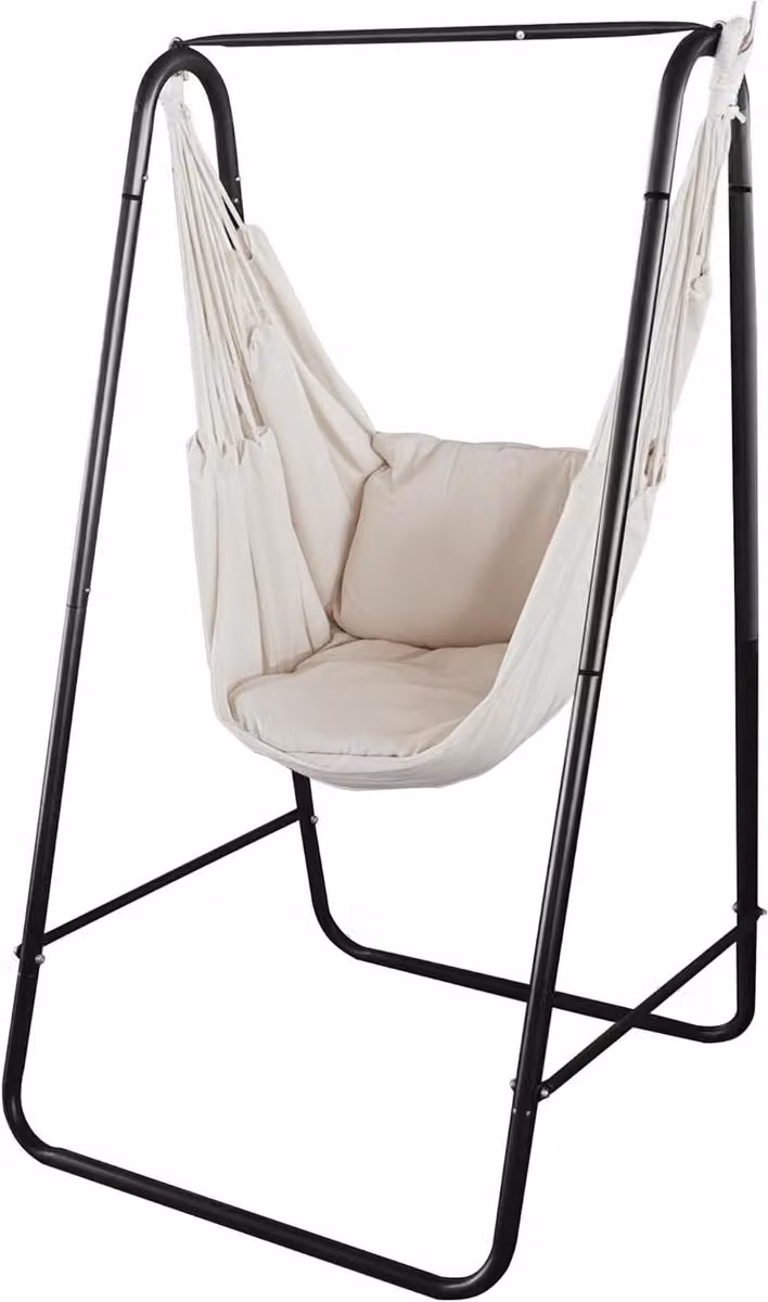 Hangstoel met standaard en 2 kussens voor in de tuin, lounge of op het balkon - B/D/H: 90 x 85 x 153 cm