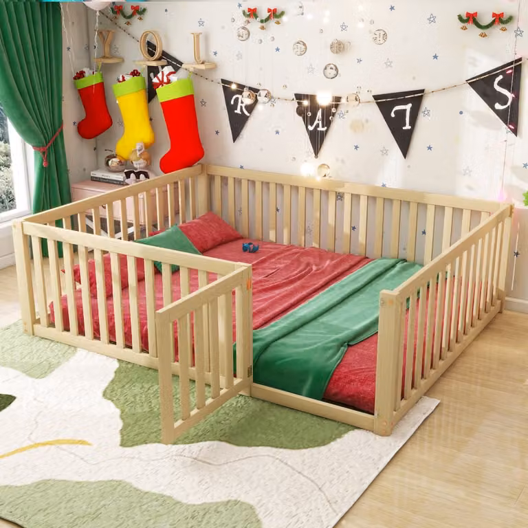 MODENUIT Vloerbed Bedframe met hek en deur - Massief hout - Naturel - B/D: 140 x 200 cm